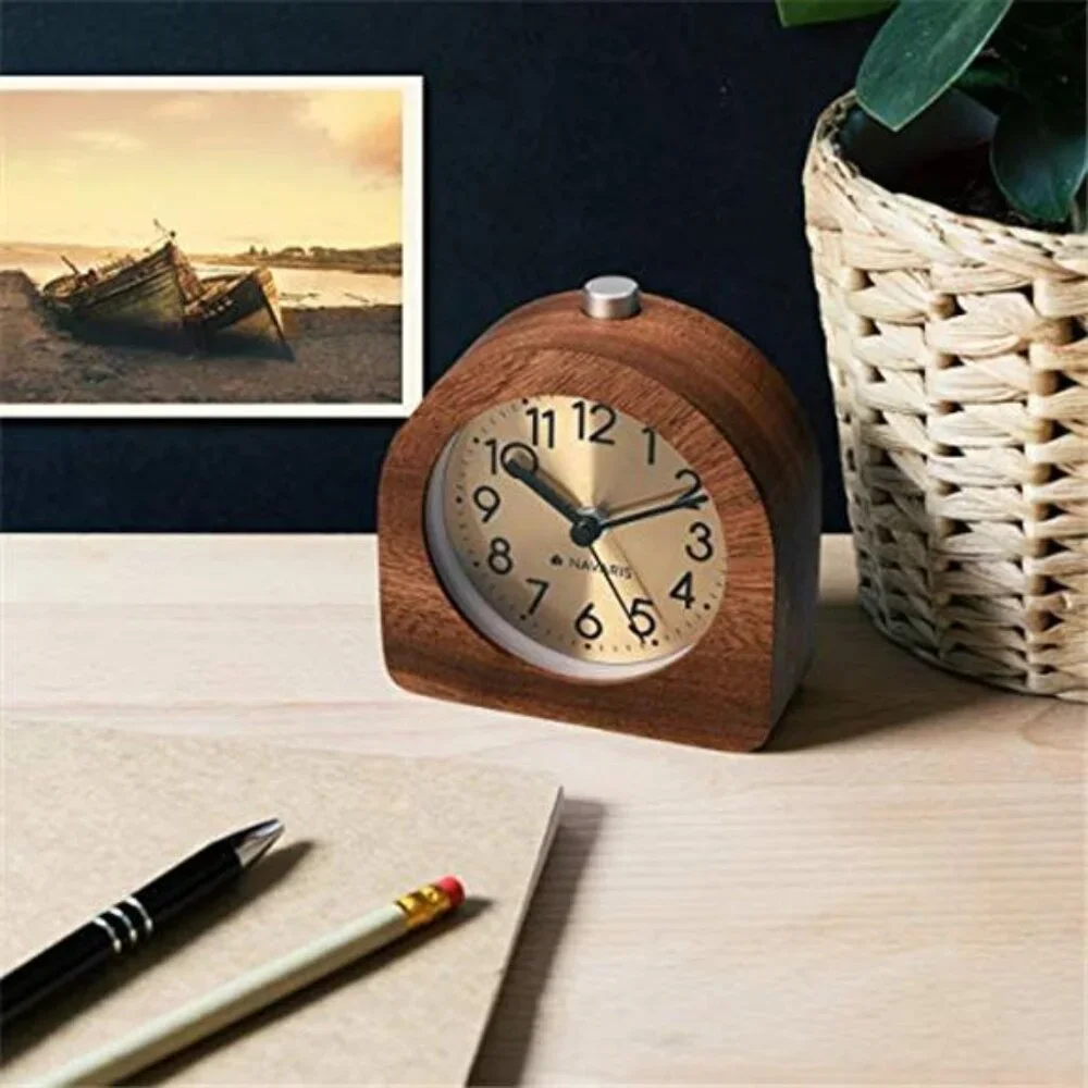 Wood Alarm Clock Non Ticking Analog Bedside Table Clock Battery Operated Snooze